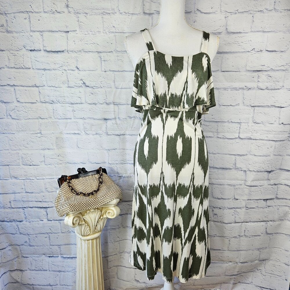 NWT Ann Taylor LOFT Size MP Green/Ivory Ikat Print Sleeveless Ruffle Sun Dress
